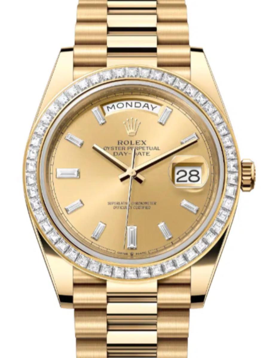 ロレックス デイデイト 228398tbr-0002 シャンパンゴールド イエローゴールド　ダイヤモンドベゼル　ダイヤインデックス メンズ　40ｍｍ　キャリバー 3255　パワーリザーブ 約70時間　プレジデントブレス(新品未使用)