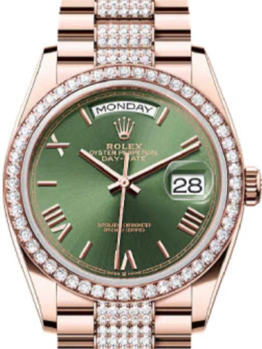 ロレックス デイデイト 128345rbr-0086 オリーブグリーン エバーローズゴールド　ダイヤモンドベゼル　ローマインデックス　オリーブグリーン ユニセックス　36ｍｍ　キャリバー 3255　パワーリザーブ 約70時間　プレジデントブレスｍｍ(新品未使用)