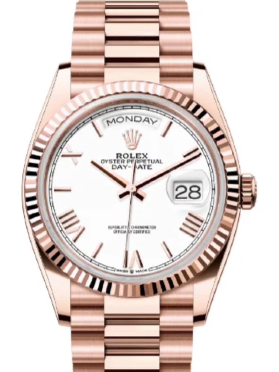 ロレックス デイデイト 128235-0070 ホワイト エバーローズゴールド　フルーテッドベゼル　ローマインデックス ユニセックス　36ｍｍ　キャリバー 3255　パワーリザーブ 約70時間　プレジデントブレス(新品未使用)