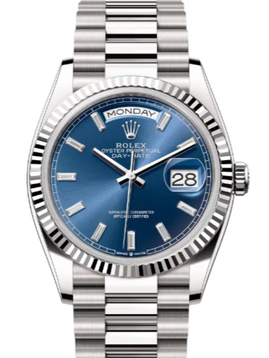 ロレックス デイデイト 128239-0069 ブライトブルー ホワイトゴールド　ダイヤインデックス　フルーテッドベゼル　ブライトブルー ユニセックス　36ｍｍ　キャリバー 3255　パワーリザーブ 約70時間　プレジデントブレス(新品未使用)