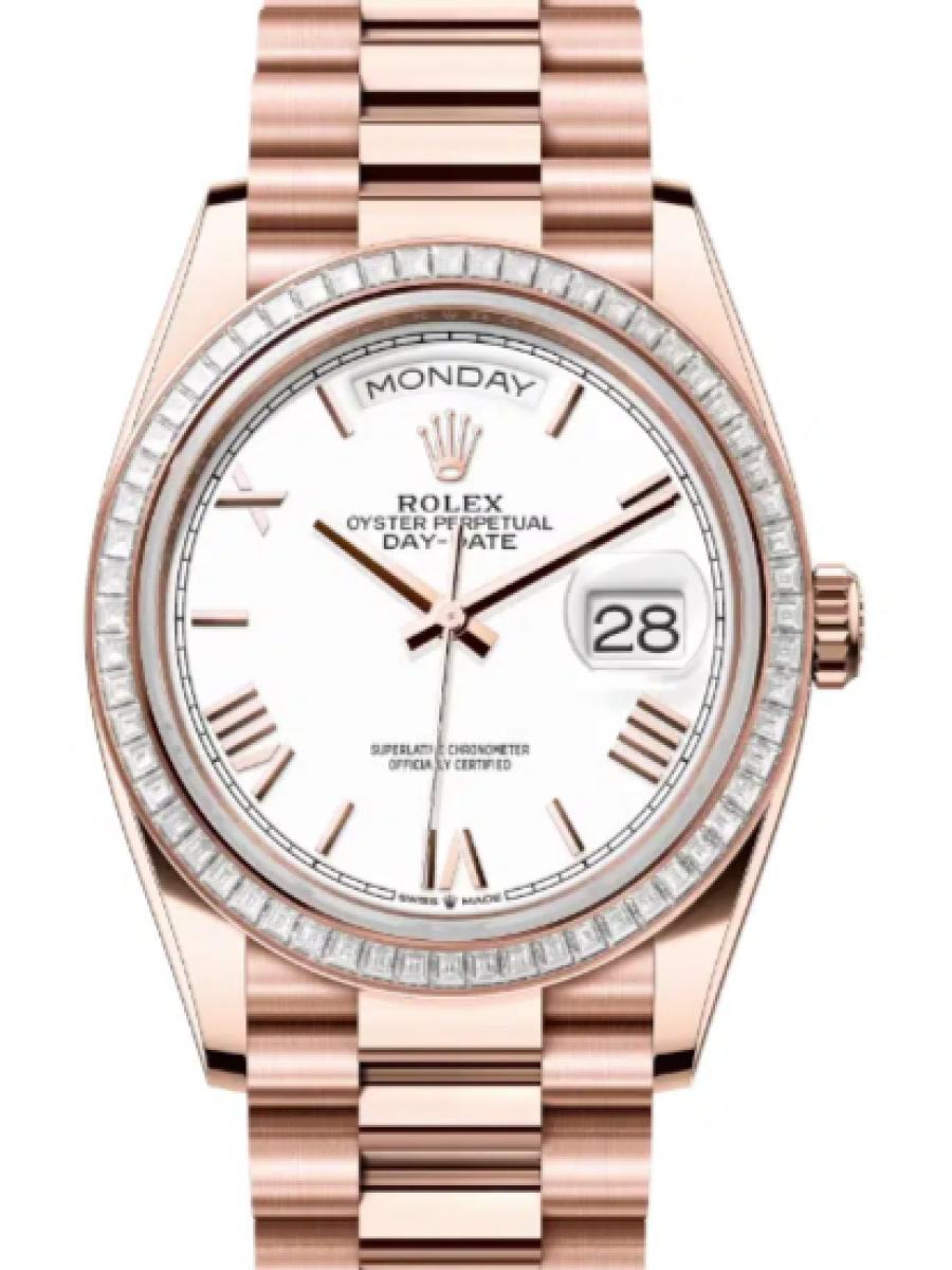 ロレックス デイデイト 128395tbr-0022 ホワイト エバーローズゴールド　ダイヤモンドベゼル　ローマインデックス ユニセックス　36ｍｍ　キャリバー 3255　パワーリザーブ 約70時間　プレジデントブレス36(新品未使用)