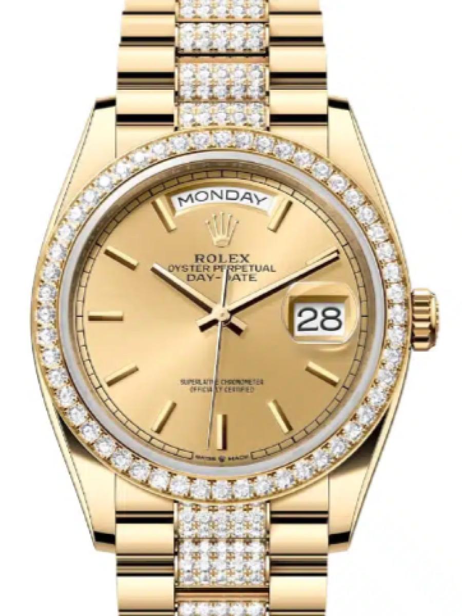 ロレックス デイデイト 128348rbr-0027 シャンパンゴールド イエローゴールド　ダイヤモンドベゼル　バーインデックス ユニセックス　36ｍｍ　キャリバー 3255　パワーリザーブ 約70時間　プレジデントブレスｍｍ(新品未使用)
