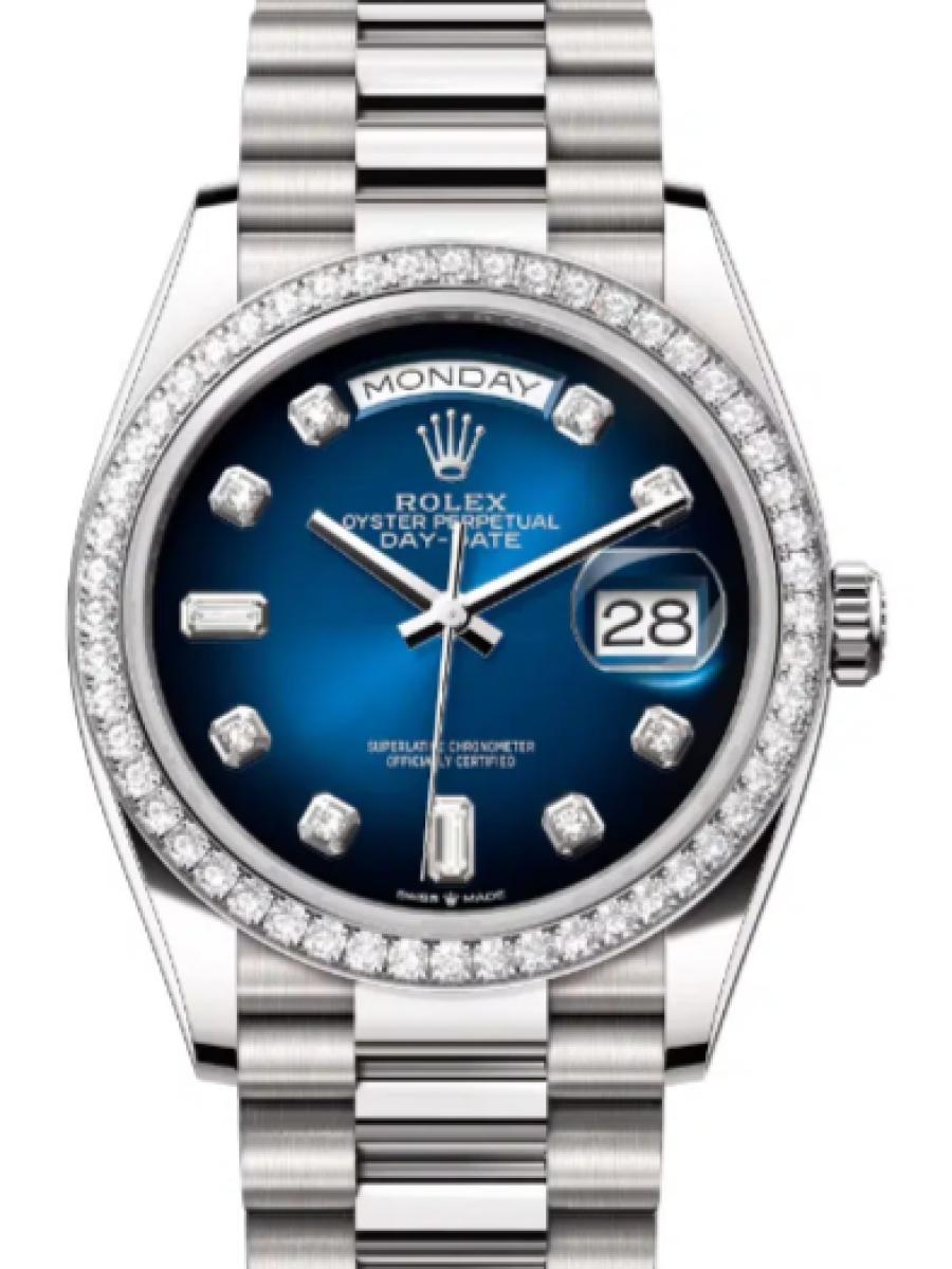 ロレックス デイデイト 128235-0085 ブルーグリーン エバーローズゴールド　ダイヤインデックス　ダイヤベゼル　ダイヤベルト ユニセックス　36ｍｍ　キャリバー 3255　パワーリザーブ 約70時間　プレジデントブレス(新品未使用)