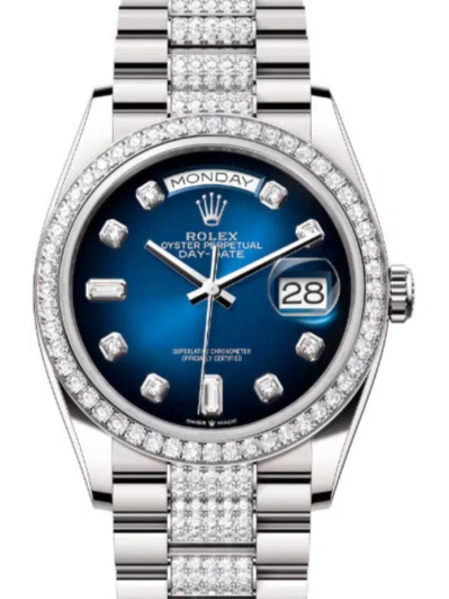 ロレックス デイデイト 128349rbr-0016 ブルー ホワイトゴールド　ダイヤモンドダイヤインデックス　ダイヤベゼル ユニセックス　36ｍｍ　キャリバー 3255　パワーリザーブ 約70時間　プレジデントブレス(新品未使用)