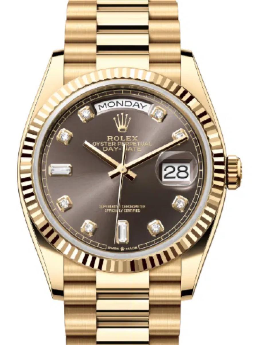 ロレックス デイデイト 128238-0022 ダークグレー イエローゴールド　ダイヤインデックス　フルーテッドベゼル　ダークグレー ユニセックス　36ｍｍ　キャリバー 3255　パワーリザーブ 約70時間　プレジデントブレスユニセックス(新品未使用)