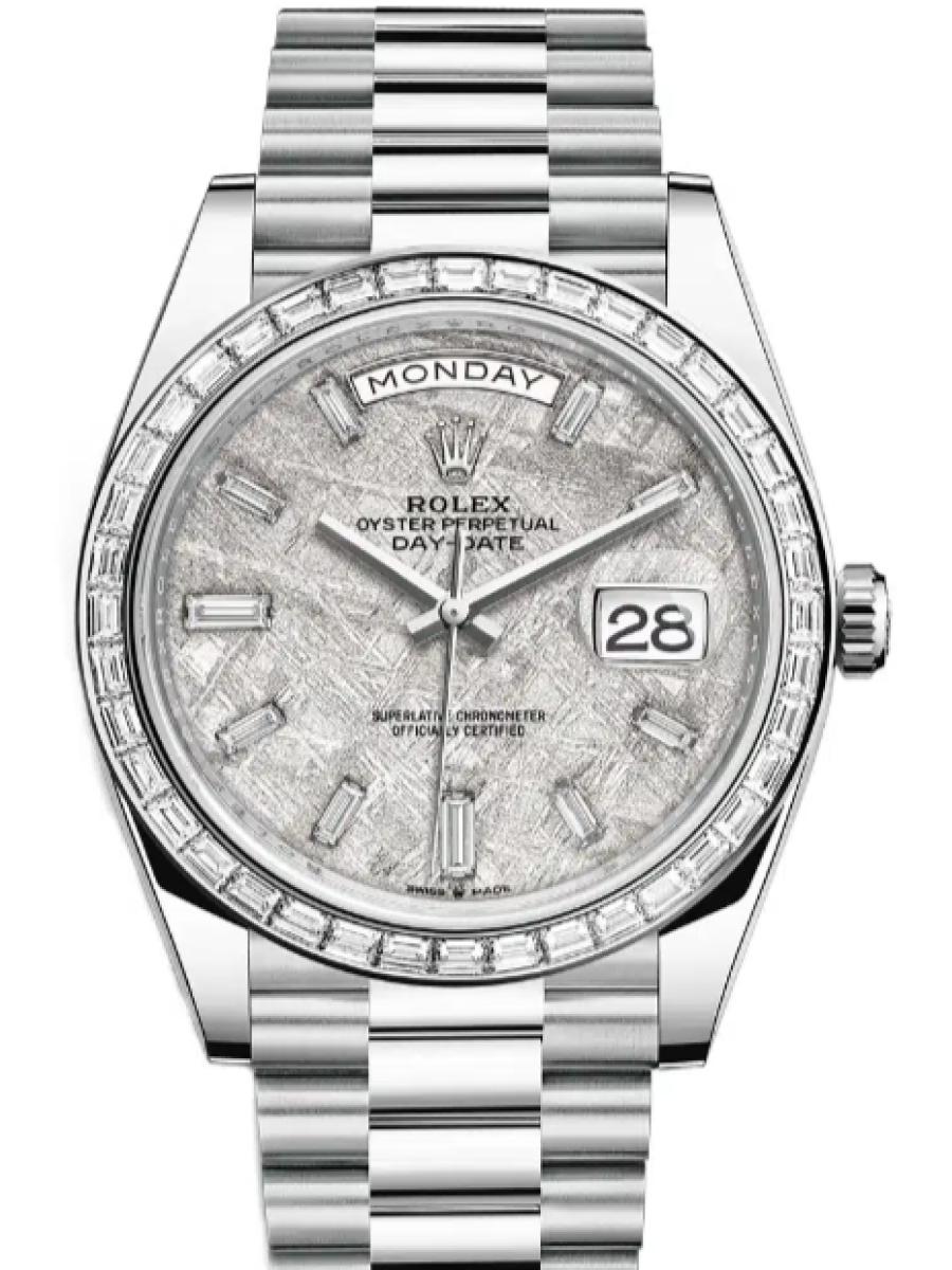 ロレックス デイデイト 228396tbr-0027 メテオライト プラチナ　ダイヤモンドベゼル　ダイヤインデックス　メテオライトダイヤル メンズ　40ｍｍ　キャリバー 3255　パワーリザーブ 約70時間　プレジデントブレス(新品未使用)
