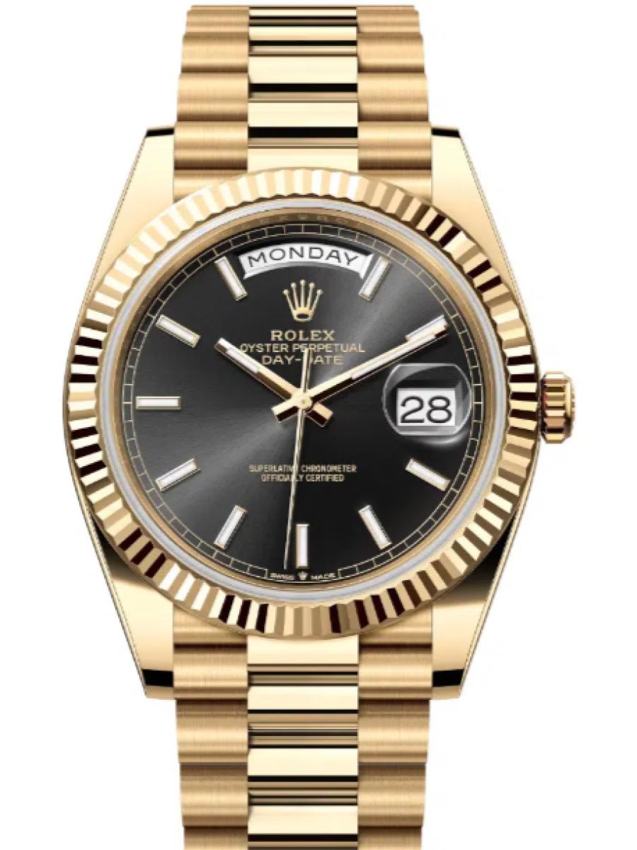 ロレックス デイデイト 228238-0067 ブラック イエローゴールド　バーインデックス　ブライトブラック メンズ　40ｍｍ　キャリバー 3255　パワーリザーブ 約70時間　プレジデントブレスｍｍ(新品未使用)