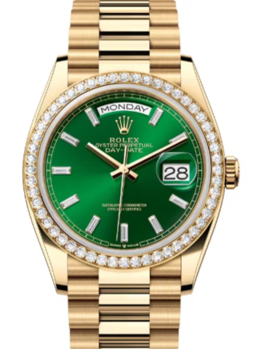 ロレックス デイデイト 128348rbr-0078 グリーン イエローゴールド　ダイヤモンドベゼル　バーインデックス ユニセックス　36ｍｍ　キャリバー 3255　パワーリザーブ 約70時間　プレジデントブレス(新品未使用)