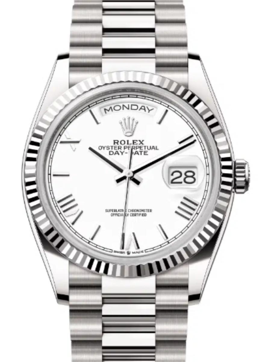 ロレックス デイデイト 128239-0059 ホワイト ホワイトゴールド　ローマインデックス　ホワイトダイヤル ユニセックス　36ｍｍ　キャリバー 3255　パワーリザーブ 約70時間　プレジデントブレスｍｍ(新品未使用)
