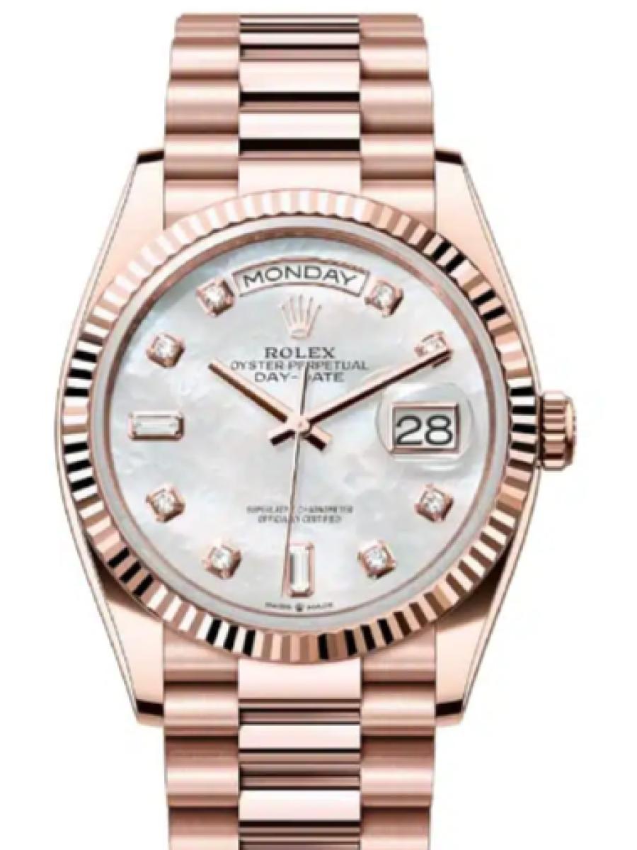 ロレックス デイデイト 128235-0029 マザーオブパール エバーローズゴールド　ダイヤインデックス　マザーオブパールダイヤル ユニセックス　36ｍｍ　キャリバー 3255　パワーリザーブ 約70時間　プレジデントブレスｍｍ(新品未使用)