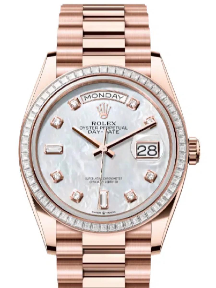 ロレックス デイデイト 128395tbr-0006 マザーオブパール エバーローズゴールド　ダイヤモンドベゼル　ダイヤインデックス　マザーオブパールダイヤル ユニセックス　36ｍｍ　キャリバー 3255　パワーリザーブ 約70時間　プレジデントブレス36(新品未使用)