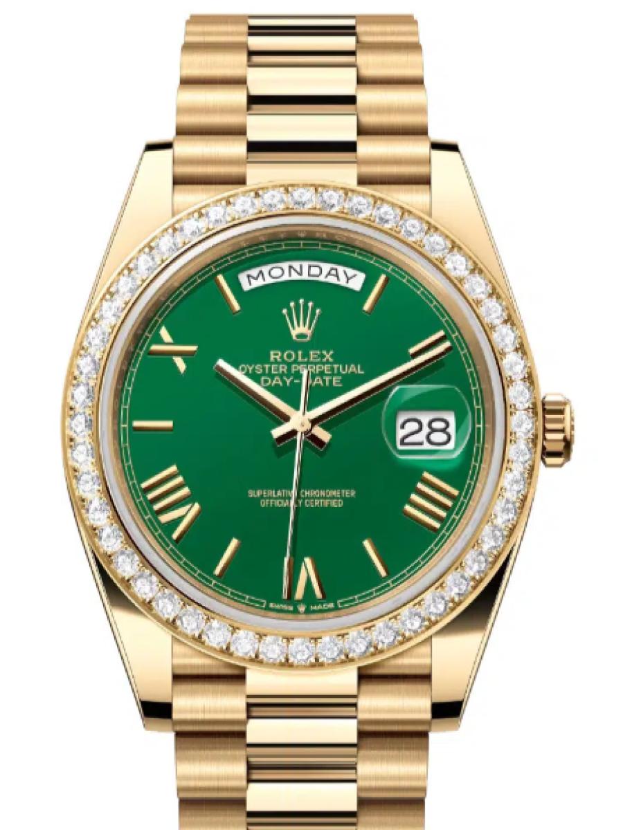 ロレックス デイデイト 228348rbr-0040 グリーン イエローゴールド　ダイヤモンドベゼル　ローマインデックス　グリーンダイヤル メンズ　40ｍｍ　キャリバー 3255　パワーリザーブ 約70時間　プレジデントブレス40(新品未使用)
