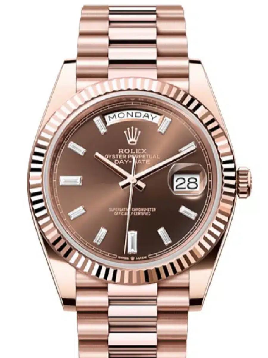 ロレックス デイデイト 228235-0003 チョコレート エバーローズゴールド　ダイヤインデックス　チョコレートダイヤル メンズ　40ｍｍ　キャリバー 3255　パワーリザーブ 約70時間　プレジデントブレス40(新品未使用)
