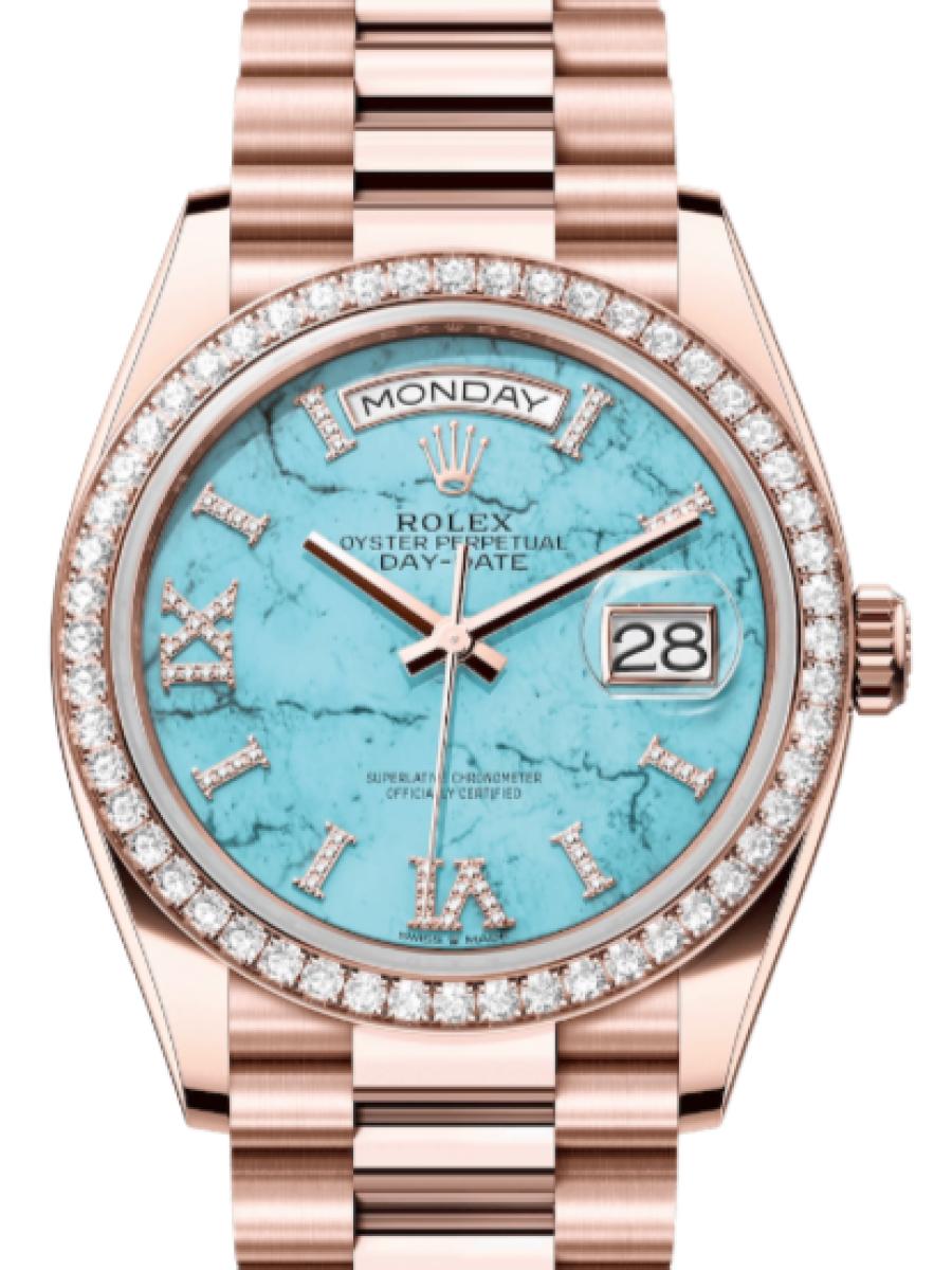 ロレックス デイデイト 128345rbr-0064 ターコイズ エバーローズゴールド　ダイヤモンドベゼル　ダイヤローマインデックス ユニセックス　36ｍｍ　キャリバー 3255　パワーリザーブ 約70時間　プレジデントブレス36(新品未使用)