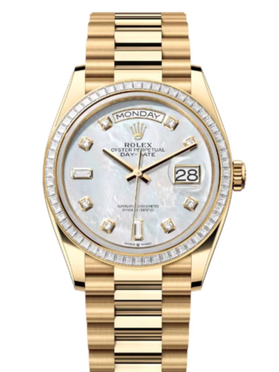ロレックス デイデイト 128398tbr-0004 マザーオブパール イエローゴールド　ダイヤモンドベゼル　ダイヤインデックス　マザーオブパールダイヤル ユニセックス　36ｍｍ　キャリバー 3255　パワーリザーブ 約70時間　プレジデントブレス(新品未使用)
