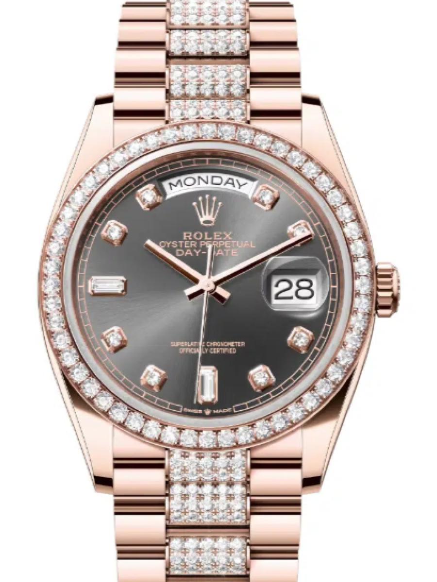 ロレックス デイデイト 128345rbr-0053 スレート エバーローズゴールド　ダイヤモンドベゼル　ダイヤインデックス　スレートダイヤル ユニセックス　36ｍｍ　キャリバー 3255　パワーリザーブ 約70時間　プレジデントブレスｍｍ(新品未使用)