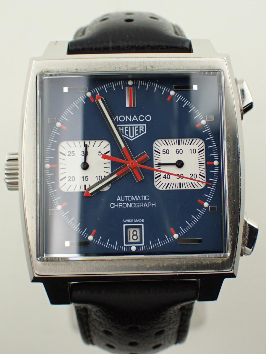 タグホイヤー モナコ CAW211P.FC6356 ブルー スクエアケース、牛側ベルト、クロノグラフ(AAA※新品仕上げ済み、ベルト純正中古)