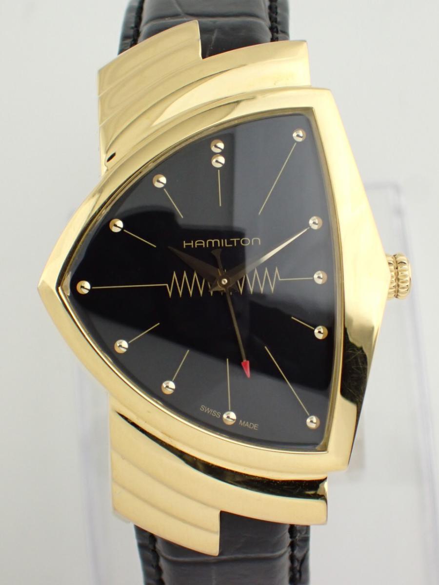 ハミルトン ベンチュラ H24301731 ブラック 盾形ケース、32mm x 50mm、レザーベルト(AA※美品中古)