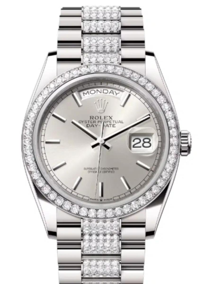 ロレックス デイデイト 128349rbr-0013 シルバー ホワイトゴールド　ダイヤモンドベゼル　バーインデックス　128349RBR ユニセックス　36ｍｍ　キャリバー 3255　パワーリザーブ 約70時間　プレジデントブレス36(新品未使用)