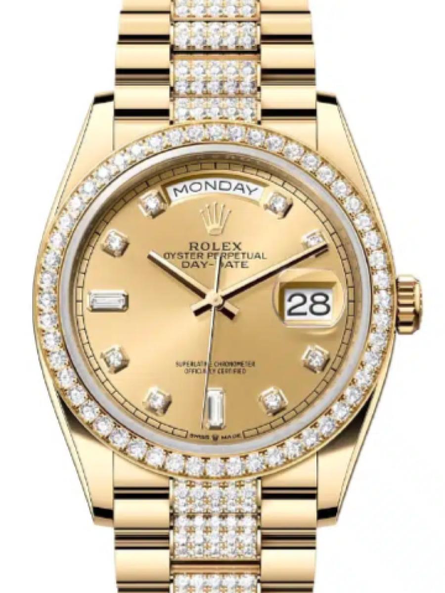 ロレックス デイデイト 128348rbr-0010 シャンパンゴールド イエローゴールド　ダイヤモンドベゼル　ダイヤインデックス　128348RBR ユニセックス　36ｍｍ　キャリバー 3255　パワーリザーブ 約70時間　プレジデントブレスｍｍ(新品未使用)