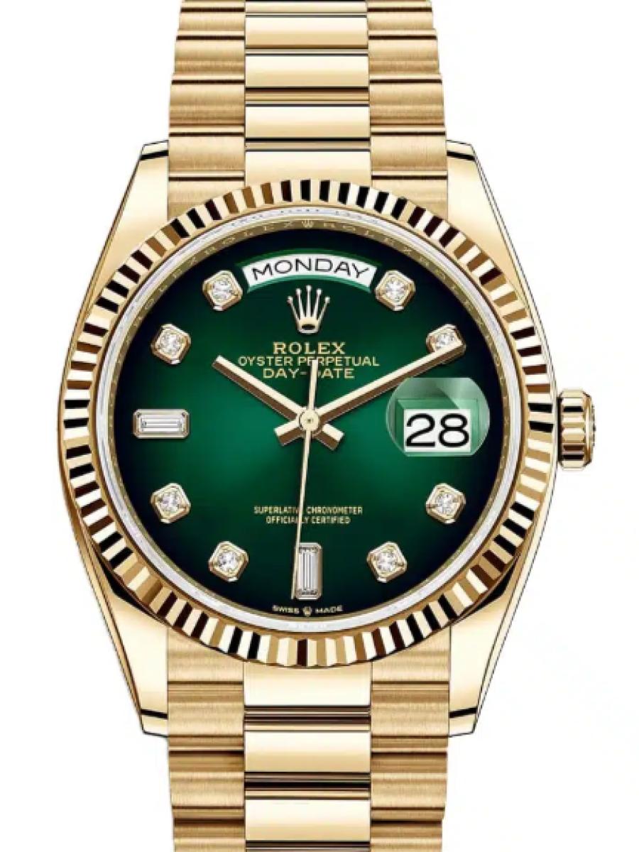 ロレックス デイデイト 128238-0069 グリーン イエローゴールド　ダイヤインデックス　グリーンオンブレ ユニセックス　36ｍｍ　キャリバー 3255　パワーリザーブ 約70時間　プレジデントブレス36(新品未使用)