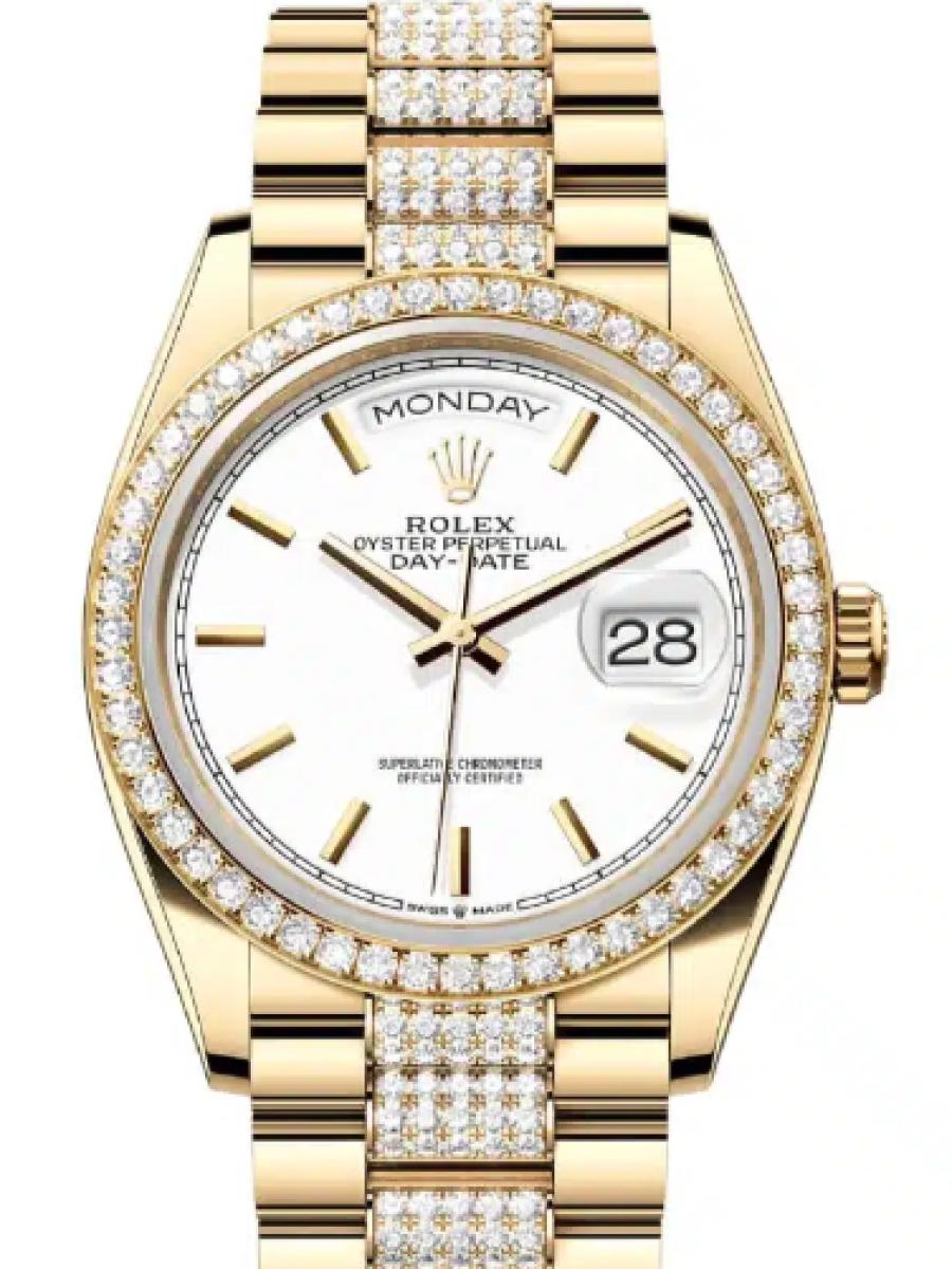 ロレックス デイデイト 128348rbr-0048 ホワイト イエローゴールド　ダイヤモンドベゼル　バーインデックス　128348RBR ユニセックス　36ｍｍ　キャリバー 3255　パワーリザーブ 約70時間　プレジデントブレス(新品未使用)