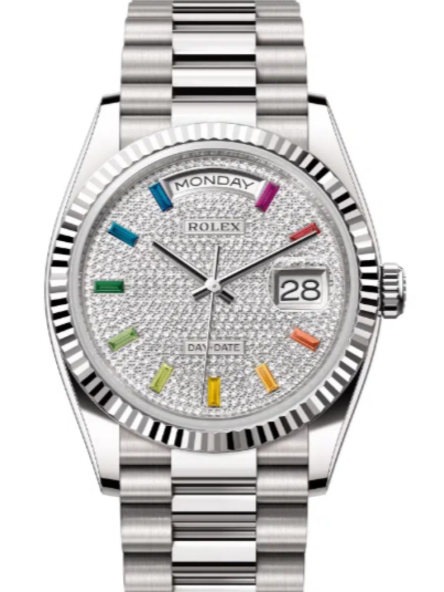 ロレックス デイデイト 128239-0019 ダイヤ ホワイトゴールド　サファイヤインデックス　ダイヤダイヤル　128348RBR ユニセックス　36ｍｍ　キャリバー 3255　パワーリザーブ 約70時間　プレジデントブレス(新品未使用)