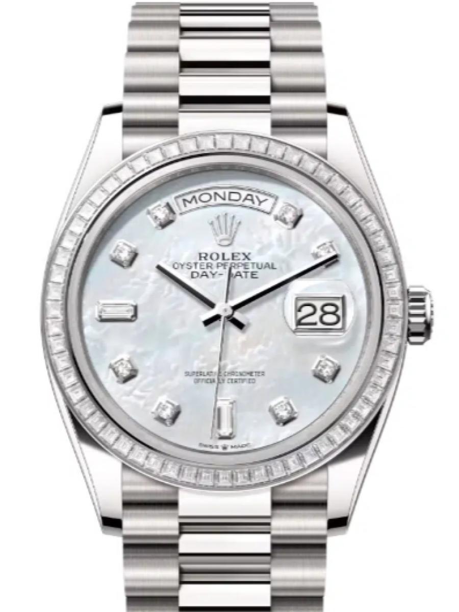 ロレックス デイデイト 128399tbr-0003 マザーオブパール ホワイトゴールド　ダイヤモンドインデックス　ダイヤベゼル　128399TBR ユニセックス　36ｍｍ　キャリバー 3255　パワーリザーブ 約70時間　プレジデントブレス36(新品未使用)