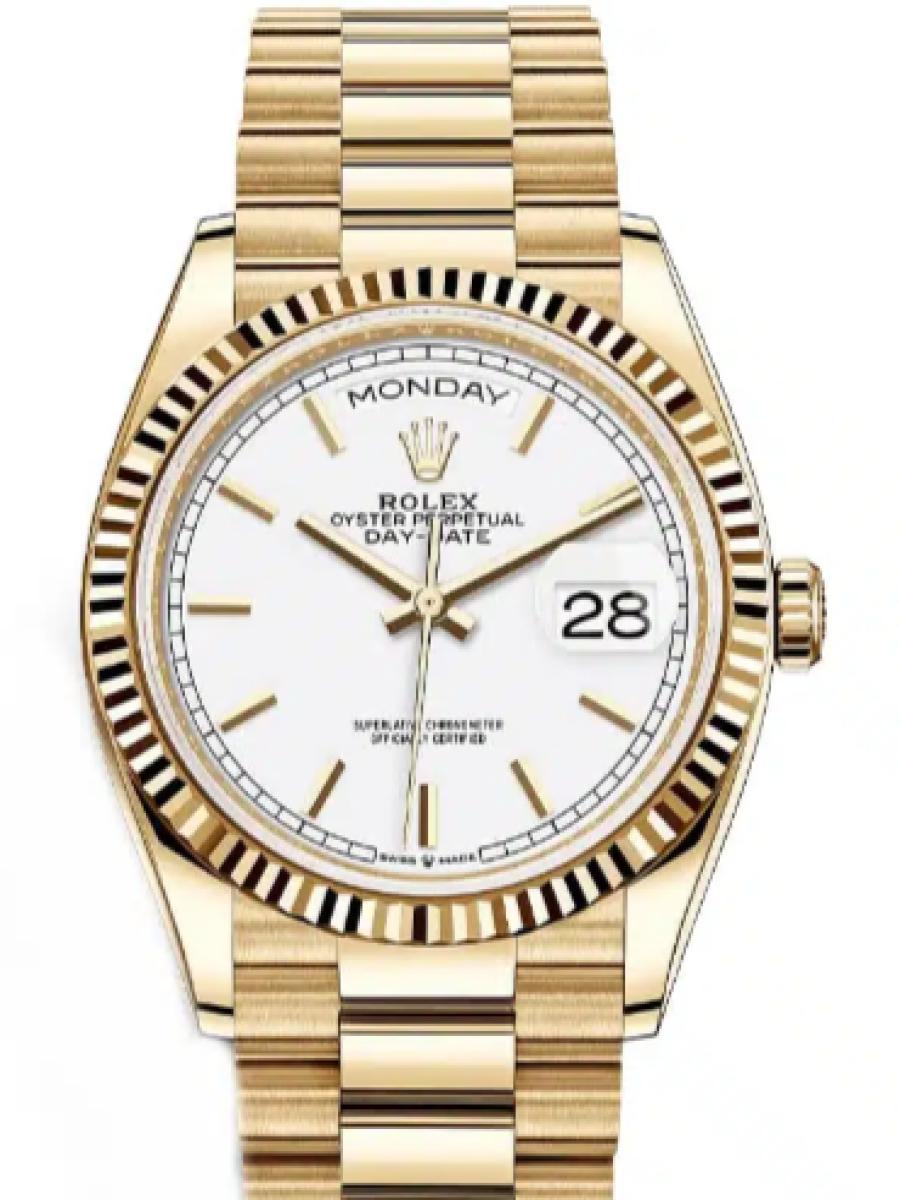 ロレックス デイデイト 128238-0081 ホワイト イエローゴールド フルーテッドベゼル　バーインデックス　128238 ユニセックス　36ｍｍ　キャリバー 3255　パワーリザーブ 約70時間　プレジデントブレス(新品未使用)