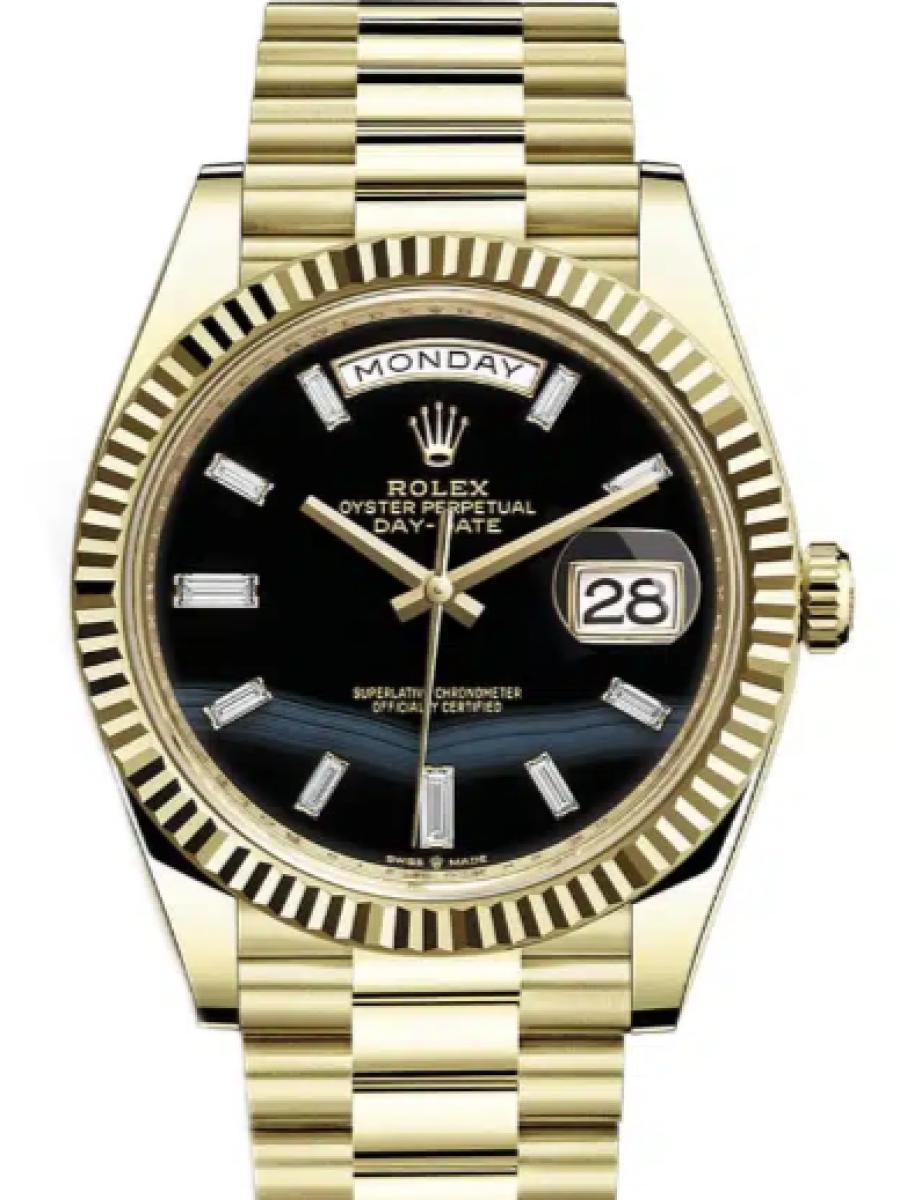 ロレックス デイデイト 228238-0059 オニキス イエローゴールド　ダイヤインデックス　オニキスダイヤル　フルーテッドベゼル　228238 メンズ　40ｍｍ　キャリバー 3255　パワーリザーブ 約70時間　プレジデントブレスｍｍ(新品未使用)
