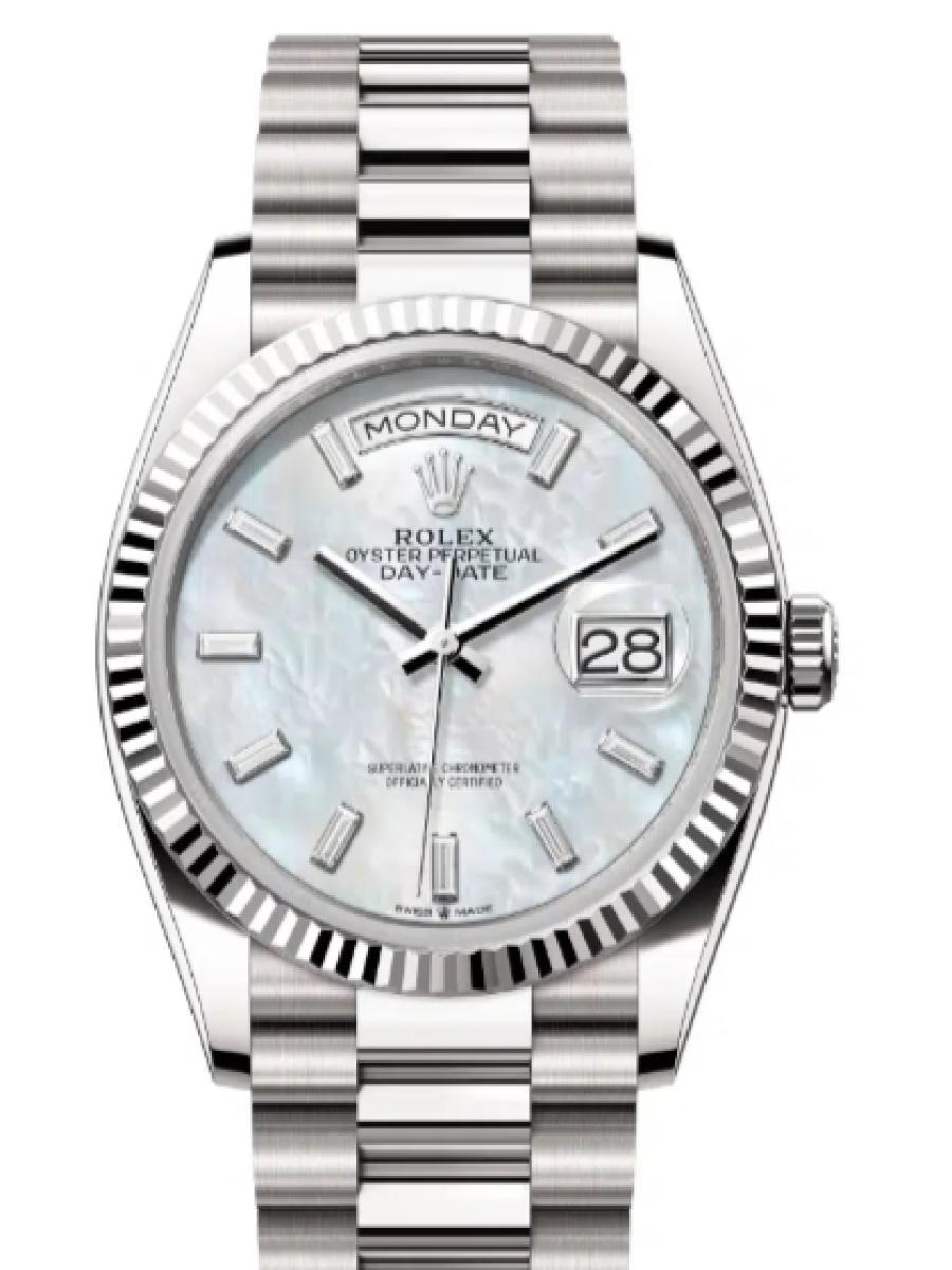 ロレックス デイデイト 128239-0065 マザーオブパール ホワイトゴールド　ダイヤインデックス　マザーオブパールダイヤル　128398TBR ユニセックス　36ｍｍ　キャリバー 3255　パワーリザーブ 約70時間　プレジデントブレス36(新品未使用)