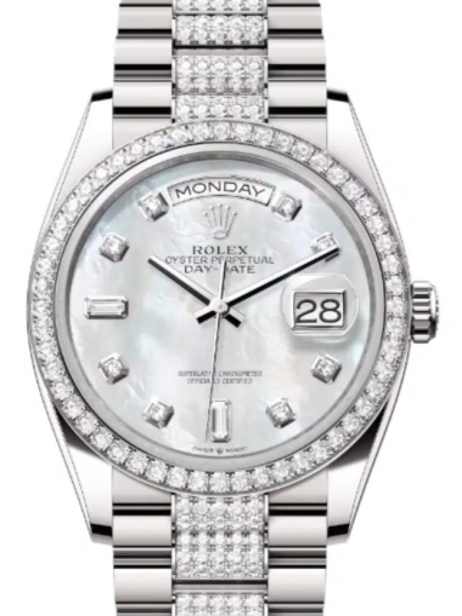 ロレックス デイデイト 128349rbr-0014 マザーオブパール ホワイトゴールド　ダイヤモンドベゼル　ダイヤインデックス　マザーオブパール　128349rbr ユニセックス　36ｍｍ　キャリバー 3255　パワーリザーブ 約70時間　プレジデントブレス(新品未使用)