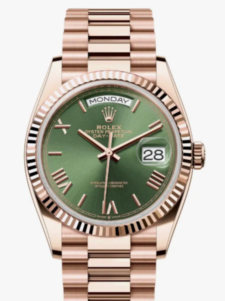 ロレックス デイデイト 128235-0089 グリーン エバーローズゴールド　グリーンダイヤル　ローマインデックス　フルーテッドベゼル　128235 ユニセックス　36ｍｍ　キャリバー 3255　パワーリザーブ 約70時間　プレジデントブレス(新品未使用)