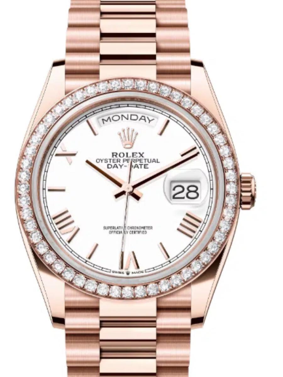 ロレックス デイデイト 128345rbr-0070 ホワイト エバーローズゴールド　ダイヤモンドベゼル　ローマインデックス ユニセックス　36ｍｍ　キャリバー 3255　パワーリザーブ 約70時間　プレジデントブレスｍｍ(新品未使用)