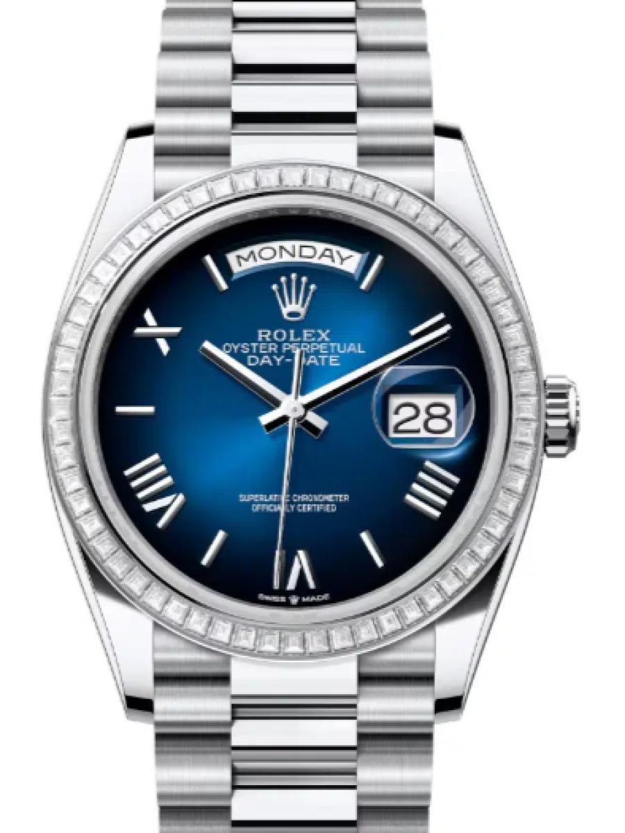 ロレックス デイデイト 128396tbr-0021 ブルー プラチナ　ダイヤモンドベゼル　ローマインデックス　ブルーオンブレ　128396tbr ユニセックス　36ｍｍ　キャリバー 3255　パワーリザーブ 約70時間　プレジデントブレス(新品未使用)