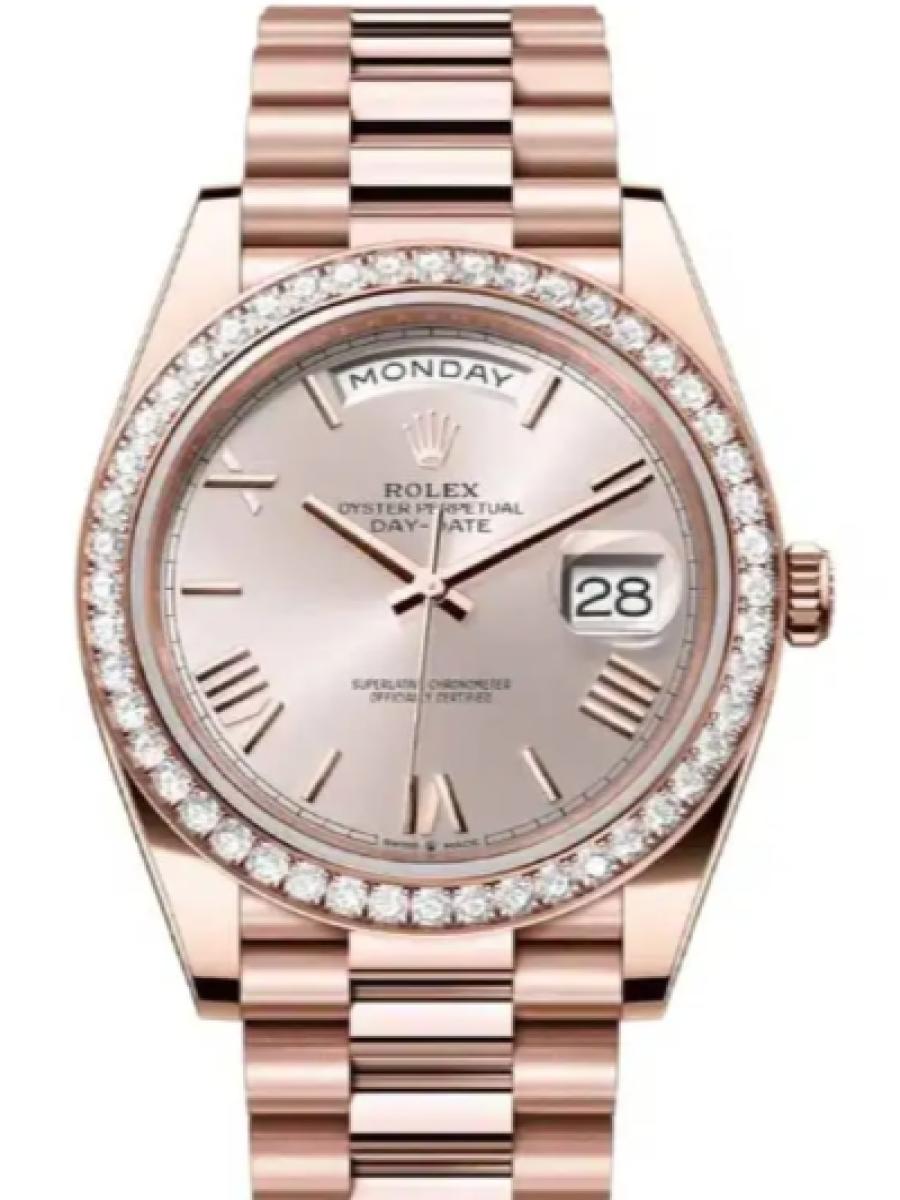 ロレックス デイデイト 228345rbr-0008 サンダスト オイスター、40 mm、エバーローズゴールド、ダイヤモンド 228345RBR メンズ　40ｍｍ　キャリバー 3255　パワーリザーブ 約70時間　プレジデントブレス(新品未使用)