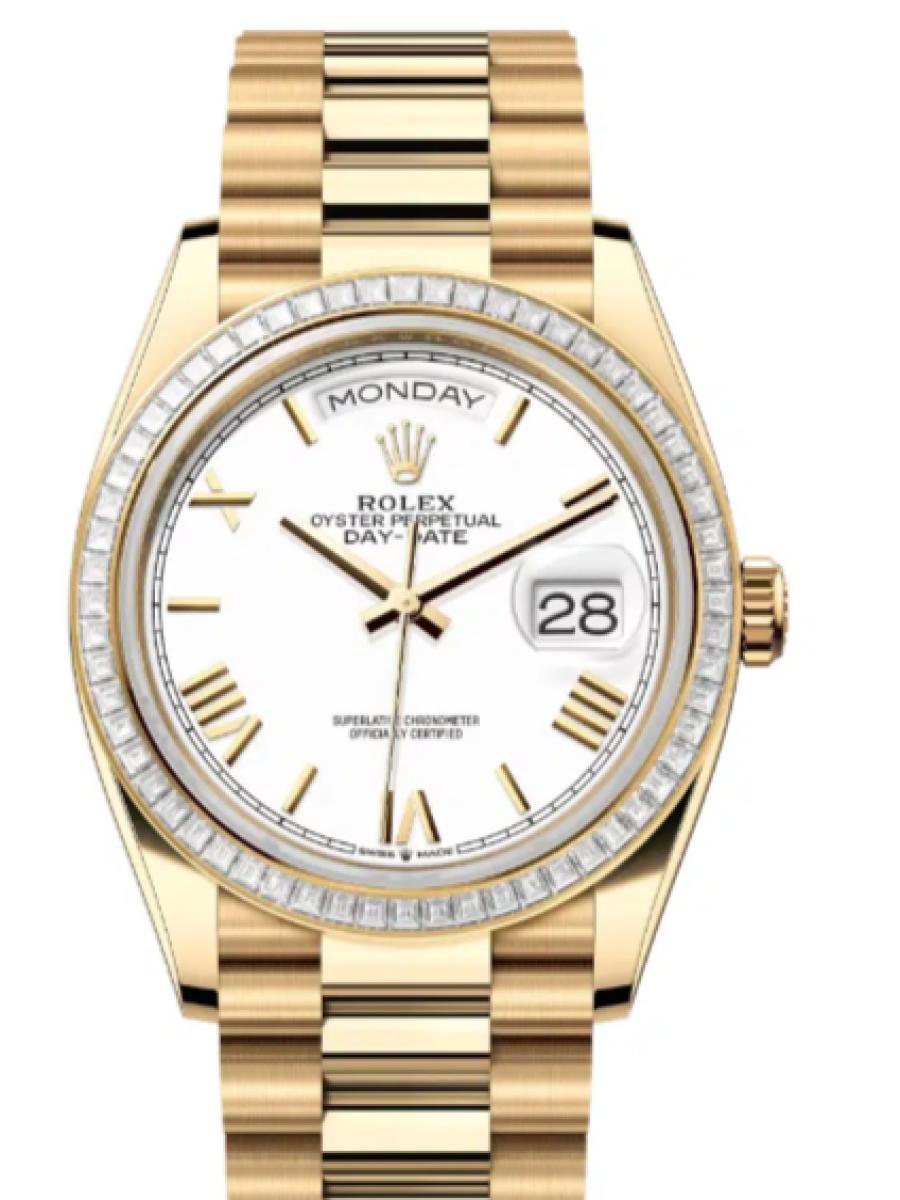 ロレックス デイデイト 128398tbr-0026 ホワイト オイスター、36 mm、イエローゴールド、ダイヤモンド 128398TBR ユニセックス　36ｍｍ　キャリバー 3255　パワーリザーブ 約70時間　プレジデントブレス(新品未使用)