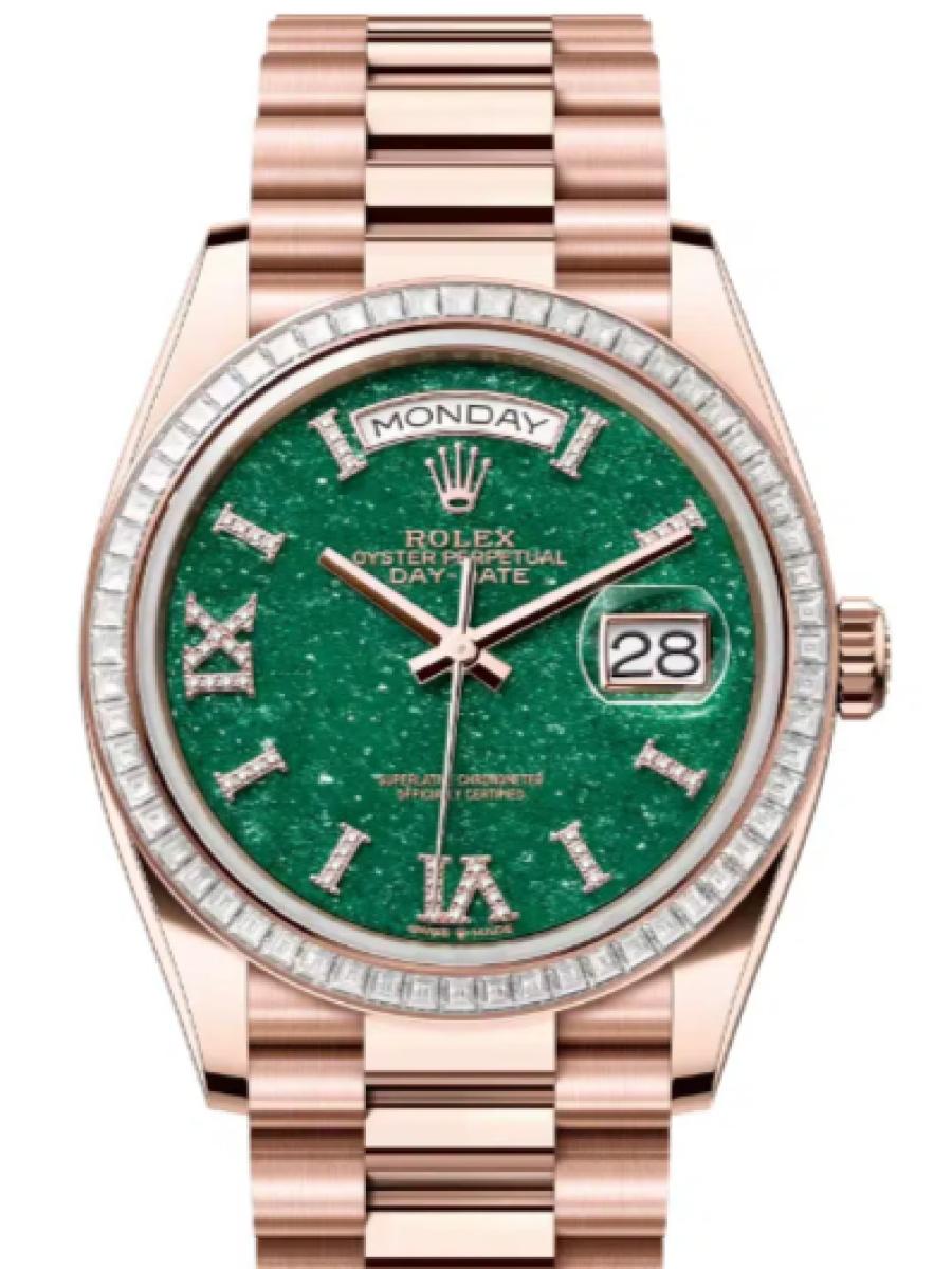 ロレックス デイデイト 128395tbr-0020 グリーン オイスター、36 mm、エバーローズゴールド、ダイヤモンド 128395TBR ユニセックス　36ｍｍ　キャリバー 3255　パワーリザーブ 約70時間　プレジデントブレス　36ｍｍ　キャリバー 3255　パワーリザーブ 約70時間　プレジデントブレス(新品未使用)
