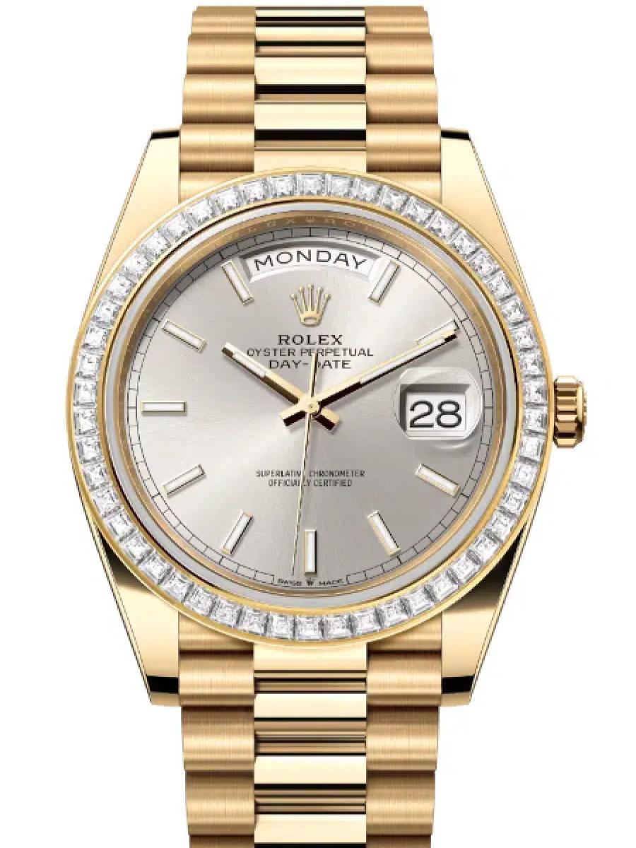 ロレックス デイデイト 228398tbr-0040 シルバー オイスター、40 mm、イエローゴールド、ダイヤモンド 228398TBR メンズ　40ｍｍ　キャリバー 3255　パワーリザーブ 約70時間　プレジデントブレス(新品未使用)
