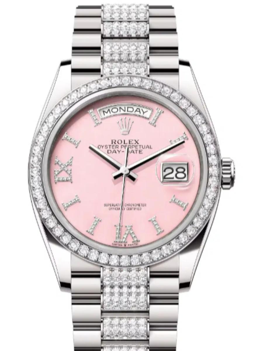 ロレックス デイデイト 128349rbr-0017 ピンク オイスター、36 mm、ホワイトゴールド、ダイヤモンド 128349RBR ユニセックス　36ｍｍ　キャリバー 3255　パワーリザーブ 約70時間　プレジデントブレス(新品未使用)