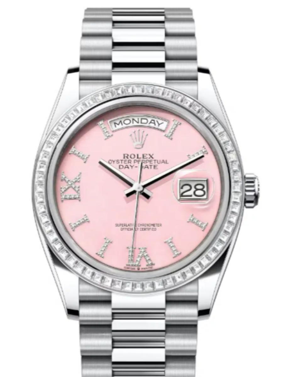 ロレックス デイデイト 128396tbr-0009 ダイヤモンド入りピンク オイスター、36 mm、プラチナ、ダイヤモンド 128396TBR ユニセックス　36ｍｍ　キャリバー 3255　パワーリザーブ 約70時間　プレジデントブレス(新品未使用)
