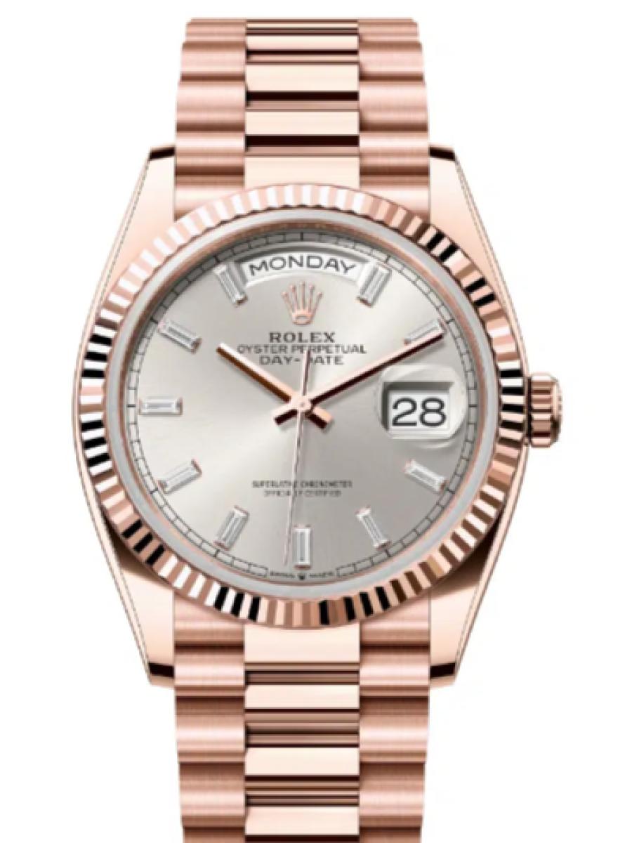 ロレックス デイデイト 128235-0087 ダイヤモンド入りシルバー オイスター、36 mm、エバーローズゴールド 128235 ユニセックス　36ｍｍ　キャリバー 3255　パワーリザーブ 約70時間　プレジデントブレス(新品未使用)