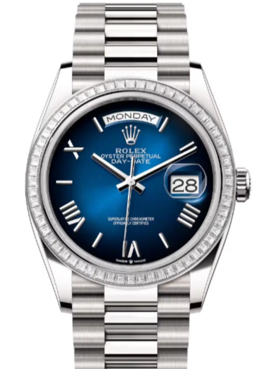 ロレックス デイデイト 128399tbr-0021 ブルー オイスター、36 mm、ホワイトゴールド、ダイヤモンド 128399TBR ユニセックス　36ｍｍ　キャリバー 3255　パワーリザーブ 約70時間　プレジデントブレス(新品未使用)