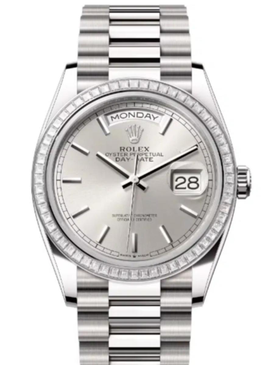 ロレックス デイデイト 128399tbr-0001 シルバー オイスター、36 mm、ホワイトゴールド、ダイヤモンド 128399TBR ユニセックス　36ｍｍ　キャリバー 3255　パワーリザーブ 約70時間　プレジデントブレス(新品未使用)