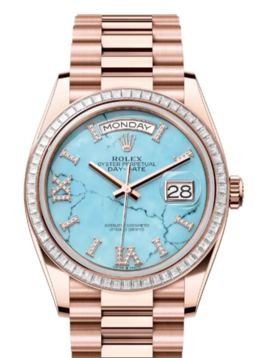 ロレックス デイデイト 128395tbr-0018 ターコイズ オイスター、36 mm、エバーローズゴールド、ダイヤモンド 128395TBR ユニセックス　36ｍｍ　キャリバー 3255　パワーリザーブ 約70時間　プレジデントブレス(新品未使用)