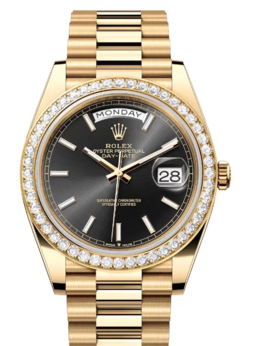 ロレックス デイデイト 228348rbr-0043 ブライトブラック オイスター、40 mm、イエローゴールド、ダイヤモンド 228348RBR メンズ　40ｍｍ　キャリバー 3255　パワーリザーブ 約70時間　プレジデントブレス(新品未使用)