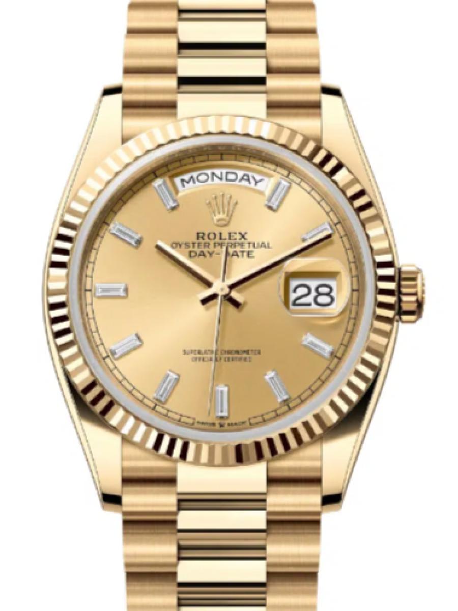 ロレックス デイデイト 128238-0132 シャンパン オイスター、36 mm、イエローゴールド 128238 ユニセックス　36ｍｍ　キャリバー 3255　パワーリザーブ 約70時間　プレジデントブレス(新品未使用)