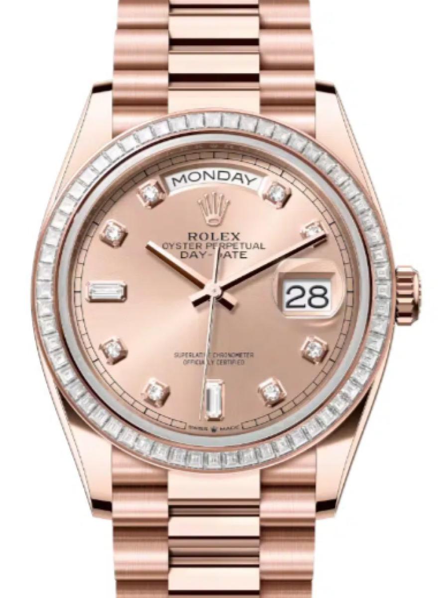 ロレックス デイデイト 128395tbr-0002 ロゼ オイスター、36 mm、エバーローズゴールド、ダイヤモンド 128395TBR ユニセックス　36ｍｍ　キャリバー 3255　パワーリザーブ 約70時間　プレジデントブレス(新品未使用)