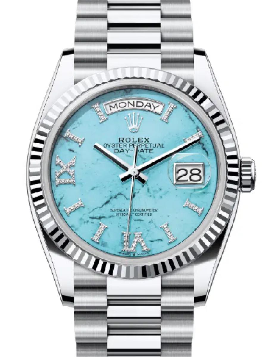ロレックス デイデイト 128236-0011 ターコイズ オイスター、36 mm、プラチナ 128236 ユニセックス　36ｍｍ　キャリバー 3255　パワーリザーブ 約70時間　プレジデントブレス(新品未使用)