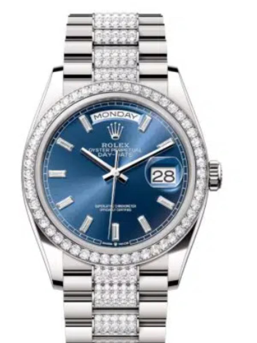ロレックス デイデイト 128349rbr-0052 ブライトブルー オイスター、36 mm、ホワイトゴールド、ダイヤモンド 128349RBR ユニセックス　36ｍｍ　キャリバー 3255　パワーリザーブ 約70時間　プレジデントブレス(新品未使用)